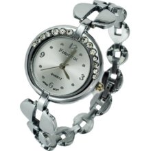 Crystal Bezel Circle Shaped Silver Face & Link Clipper Band Watch Women's