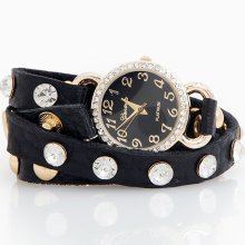 Crystal Stud Leather Wrap Watch Bracelet - black One Size