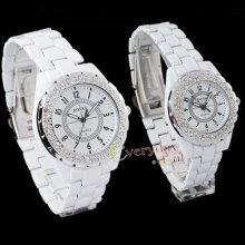 Crystal White All Steel Lady Womens Mens Quartz Wrist Watch Fashion