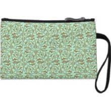 Cute Mint Green and Gold Swirly Vines Pattern Wristlet Purse