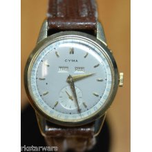 Cyma 14k Vintage Mens Watch 35mm Case Day Date Leather Band