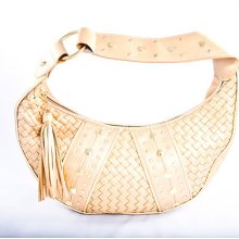 Daisy Fuentes Gold Yellow Shoulder Bag Stud Metal Details Woven Pattern Uec