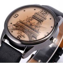 Dalas Black Case Eiffel Tower Lady Women Leather Quartz Wrist Watch Dailyetrade
