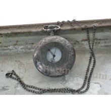 Dark Black Necklace Silver Roman Pocket Watch Pendant Gift Chain Wp112