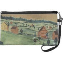 Deco Pastoral Vintage Blue Green Wristlet