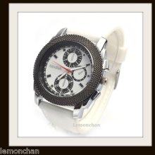 Deluxe Geneva Dial Silicone Quartz Men Over Size Sport Wrist Watch White Color