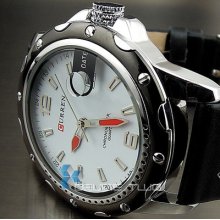 Dial Clock Hours Hand Date Water Black White Leather Men Wrist Watch Hw137