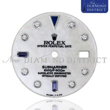 Diamond & Blue Sapphire White Mother Of Pearl Dial For Rolex Submariner Watch