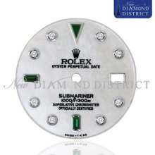 Diamond & Green Emerald White Mother Of Pearl Dial For Rolex Submariner Watch