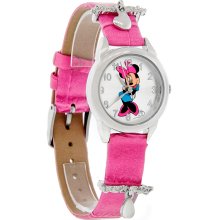 Disney Minnie Mouse Ladies Heart Charm Pink Leather Strap Watch MCK648