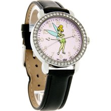 Disney Tinker Bell Ladies Crystal Lavender Dial Black Leather Band Watch Mu2941d
