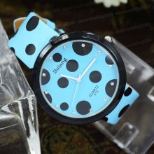 Dots Leather Strap/dial Round Quartz Wrist Watch Ladies Women Analog Light Blue