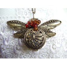 Dragonfly pocket watch pendant, watch pendant with lampwork beads, freshwater pearls and bronze charms.