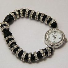 Echo Ladies Bead Bracelet Watch With Crystal Set Bezel One Size Fits All