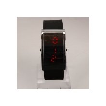 Elegant Arc Style Stainless Steel Case Digital Red LED Light Wrist Watch Black Silicone Band