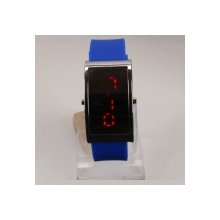 Elegant Arc Style Stainless Steel Case Digital Display Red LED Light Wrist Watch Blue Silicone Band