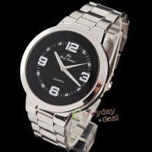 Elegant Mens Black Dial Silver Stainless Steel Band Quartz Movt Wrist Watch