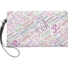 Elegant Purple Yoga Positions Word Cloud Pattern Wristlet Purses