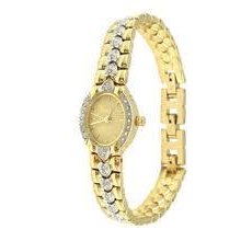 Elgin Ladies Watch with Crystal Silver Sunray Oval Dial and GT Heart Detail Band - Gold - 6.5 - Metal