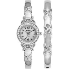 Elgin Women's XO Watch And Bracelet Bangle Set, Silvertone