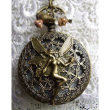 Fairy watch pendant, pocket watch fairy pendant with white and amber beads, czech trumpet flower beads and bronze charms