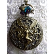 Fairy watch pendant, pocket watch fairy pendant with blue and purple beads, czech trumpet flower beads and bronze charms