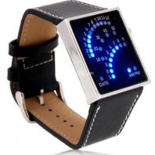 Fan Watch Dial Pu Leather Band Blue Backlit Led Watch Black