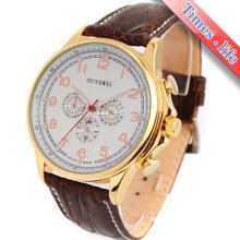 Fashion 6 Hands Rose Golden Watch Mens Automatic Selfwind Date/day Brown Leather