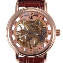 Fashion â˜… Ak-homme â˜… Mens Coffee Color Leather Mechanical Wrist Watch Ak138