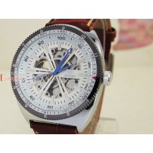Fashion Blue Hand Military Mens Automatic Silver Skeleton Brown Leather Watch