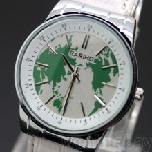 Fashion Earth Map Couples Quartz White Band Leather Mens Wrist Watch Womens Gift