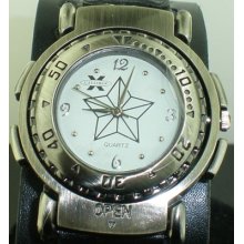 Fashion Fancy Five Point Star Logo Two Side Black Leather Watch Bracelet