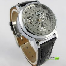 Fashion Hot See Through Skeleton Case Hand Wind Up Mechanical Wrist Watch