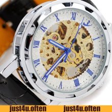 Fashion Hour Clock White Face Skeleton Automatic Mens Cuff Wrist Watch Gift Hq