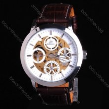 Fashion Men Brown Leather Tourbillon Skeleton Self Winding Mechanical Watch