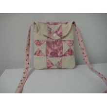 Festival Bag - Pink with Black Flowers - Shoulder Strap - Quilt Block - Patchwork