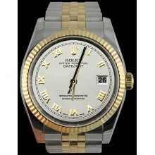 Fluted bezel white roman dial datejust rolex gents watch two tone jubilee