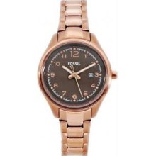 Fossil AM4366 Womens Rose Gold Tone Stainless Steel Quartz Day Date Mother Of Pearl Dial