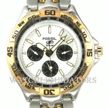 Fossil Blue 3 Eye White Dial Chrono 50m Wr 2 Tone Casual Sport Watch