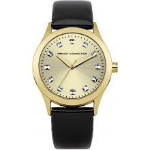 French Connection Women's Quartz Watch With Gold Dial Analogue Display And Black Leather Strap Fc1143g