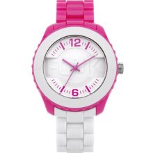 French Connection Women's Quartz Watch With White Dial Analogue Display And Pink Plastic Or Pu Bracelet Fc1128sp