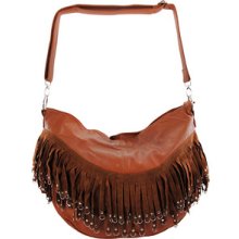 Fringed Coffee Brown Hobo Bag Metal Accents