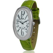 Geneva Platinum Oval White Dial Womens Green Leather Style Bling Watch