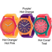 Geneva Platinum Women's Neon Pop Silicone Watch (Hot Orange/Hot Pink)