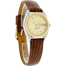 Geneve Swiss Quartz Ladies Gold Rolo Day/Date Brown Leather Band Dress Watch