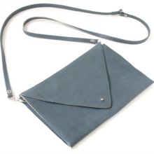 Genuine Leather Envelope Clutch with removable strap Grey Teal, crossbody bag, shoulder bag