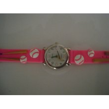 Girls Pink Strap With Brown, Red & White Basebal/softballl Watch