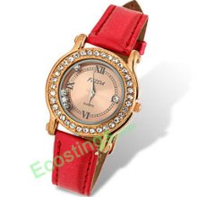 Golden Dial Leather Band Rhinestone Woman's Watch
