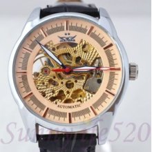 Golden Hollow Skeleton Mens Auto Mechanical Wrist Watch