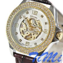 Golden Skeleton Automatic Wrist Watch Diamante 4 Ladies